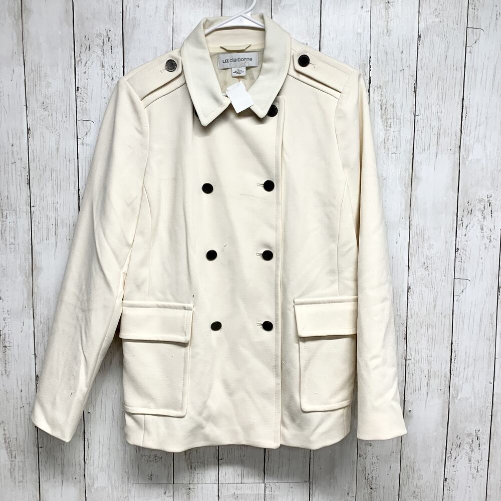 Liz Claiborne Jacket Women Size Large‎ Ivory Collared Double Button Pockets Mid